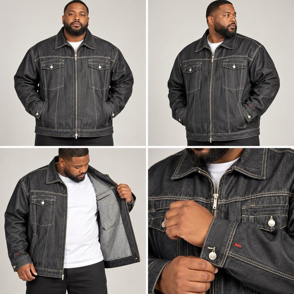 FUBU Denim Jacket Mens 3XL XXXL Black Full Zip Contrast Stitch Hip Hop Y2K